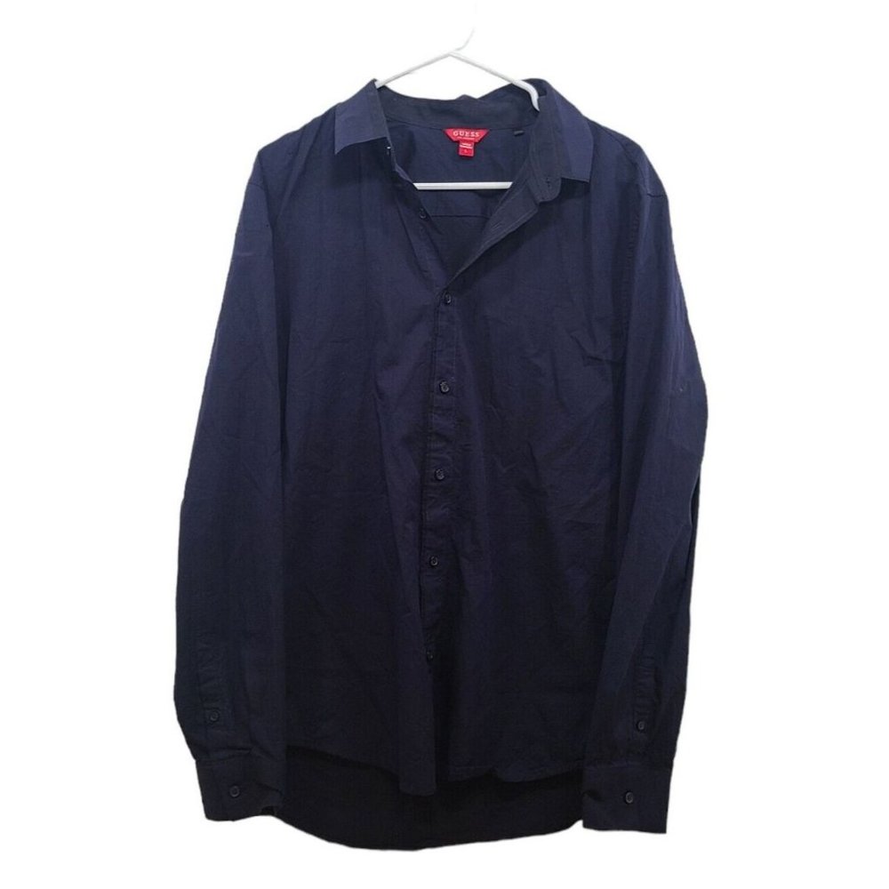 Guess Mens Button Down Long Sleeve Size LARGE Dark Blue Classic Fit (S041)